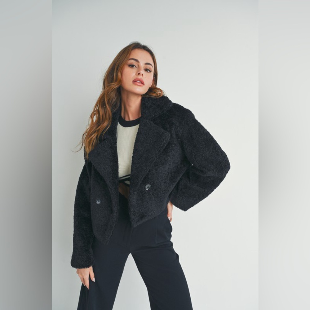 429B-BLACK. Furry Double Breasted Cropped Jacket